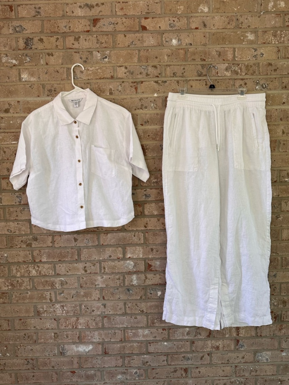 NWOT Athleta Retreat 100% Linen 2 PC Set - White Calla Lily - Size Large
